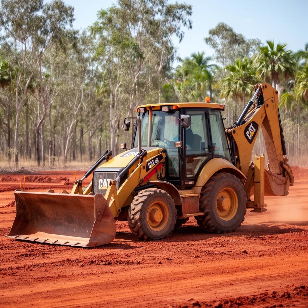 CAT backhoe loader with front bucket and rear boom on a red dirt NT civil site