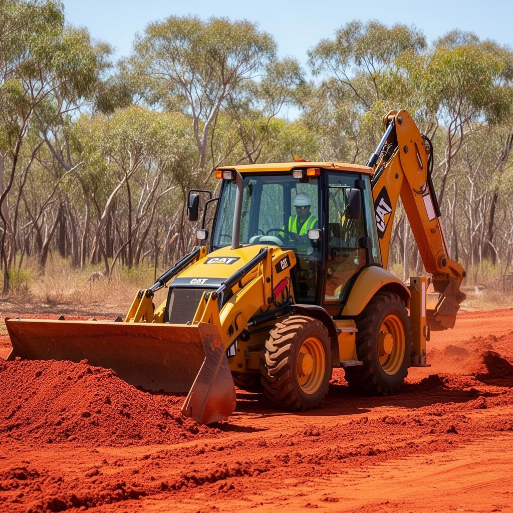 CAT backhoe loader with front bucket and rear boom on a red dirt NT civil site