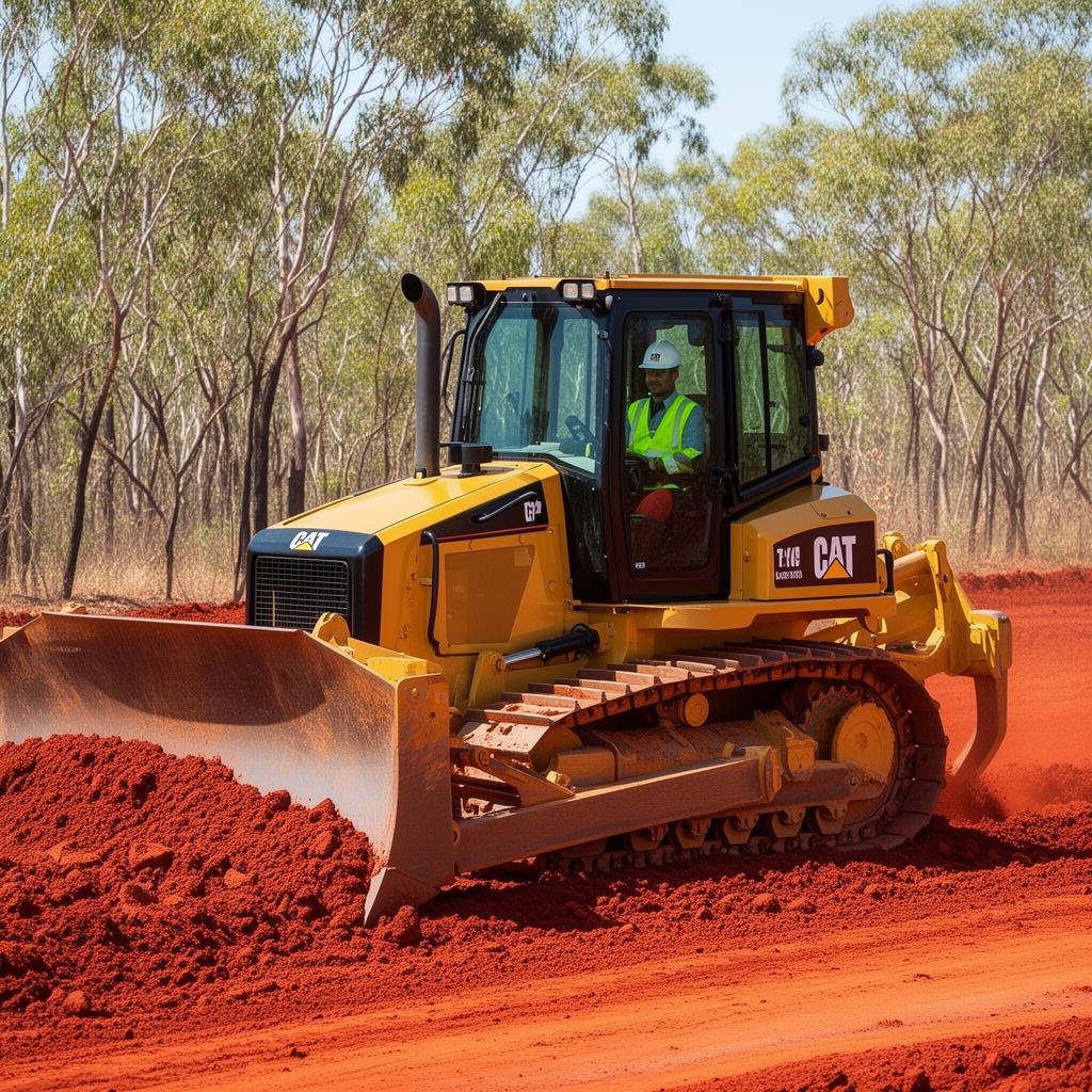 CAT bulldozer with blade pushing red dirt on a Top End civil earthworks site