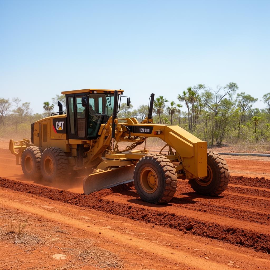 Yellow motor grader levelling a red dirt road in the Northern Territory