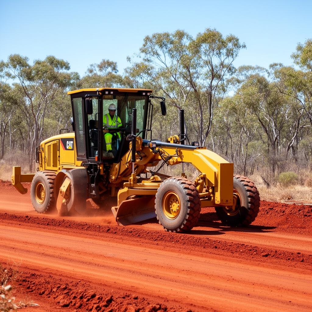 Yellow motor grader levelling a red dirt road in the Northern Territory