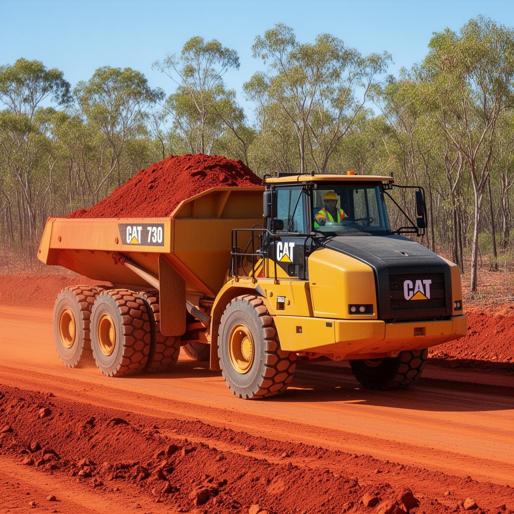 Yellow Moxy articulated dump truck loaded with red dirt on a Top End civil site