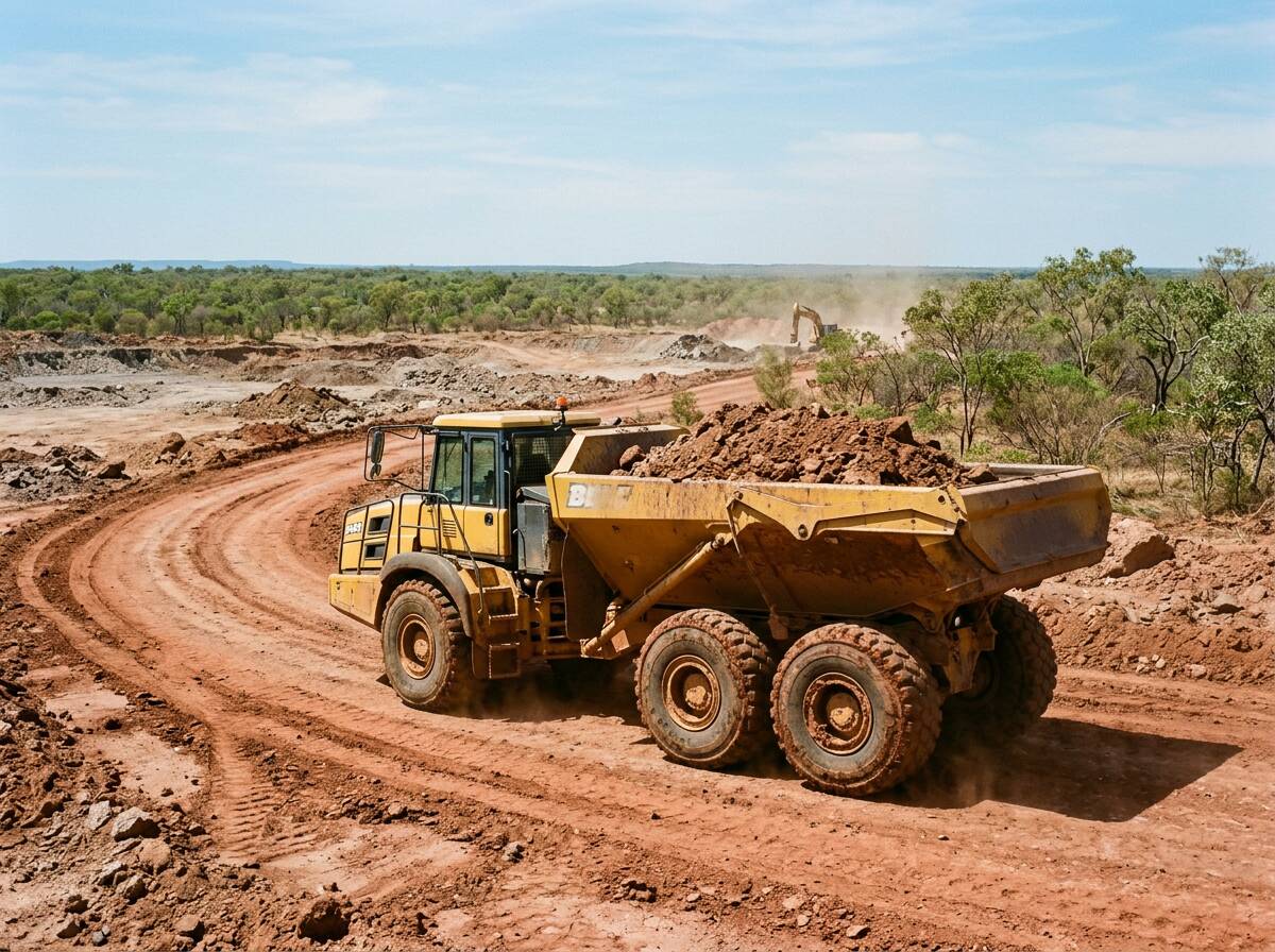 Yellow Moxy articulated dump truck loaded with red dirt on a Top End civil site