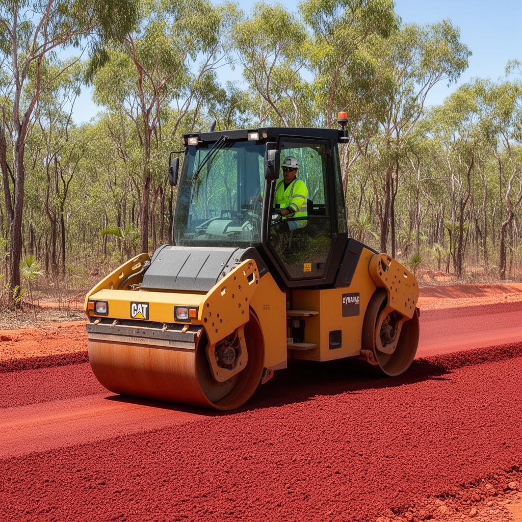 Yellow smooth-drum road roller compacting a red gravel haul road in the NT