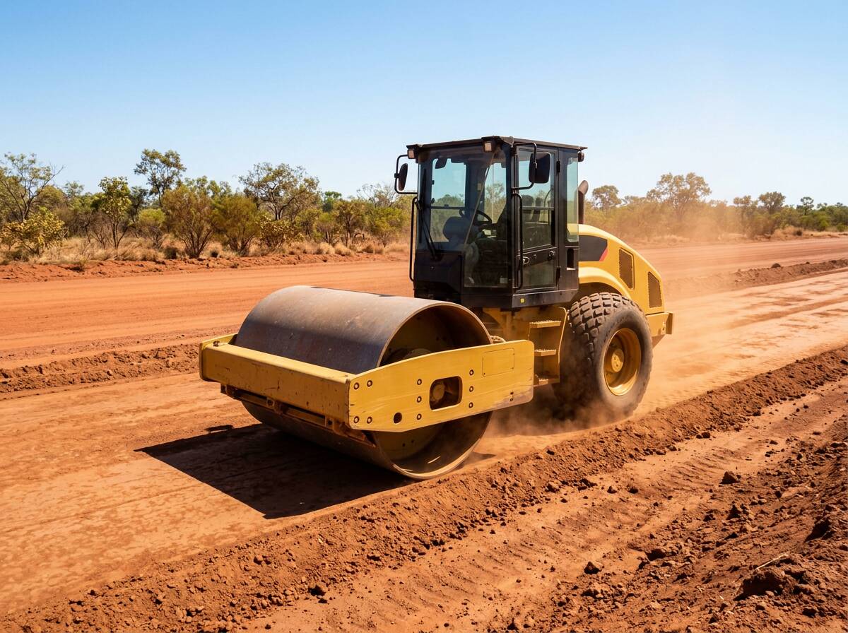 Yellow smooth-drum road roller compacting a red dirt haul road in the NT
