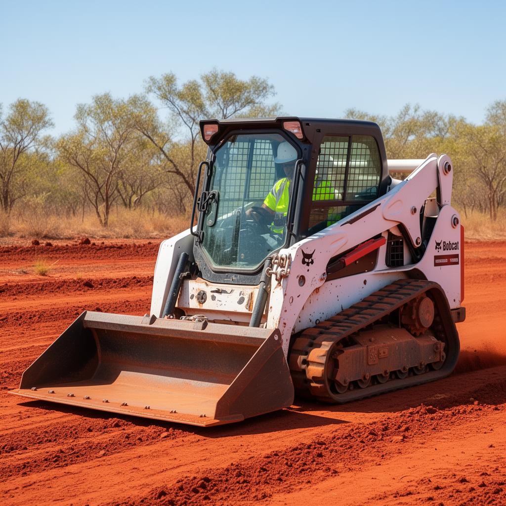 Modern Bobcat skid steer with enclosed cab and bucket on a Darwin civil training site