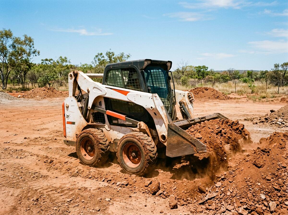 Modern Bobcat skid steer with enclosed cab and bucket on a Darwin civil training site