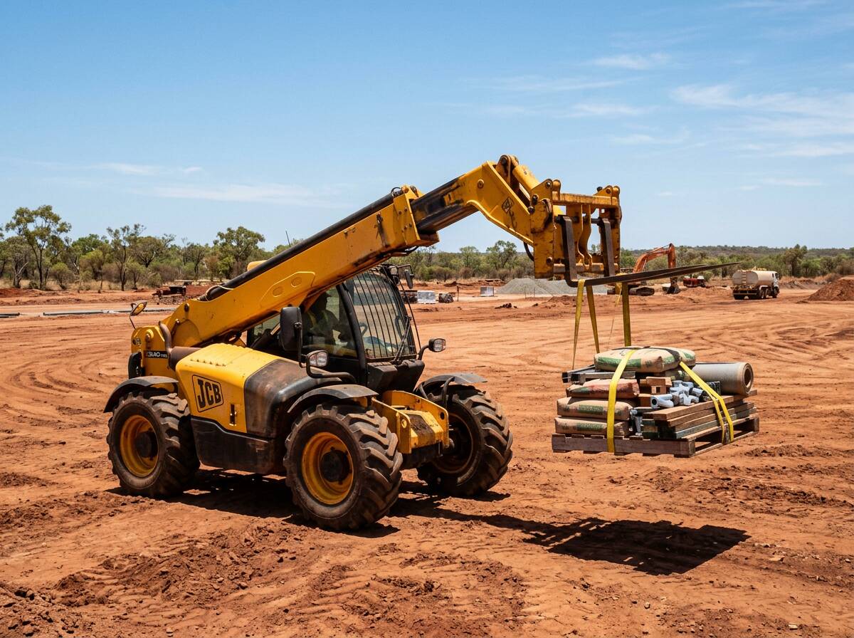 JCB telehandler with pallet forks lifting a load on a Darwin civil site