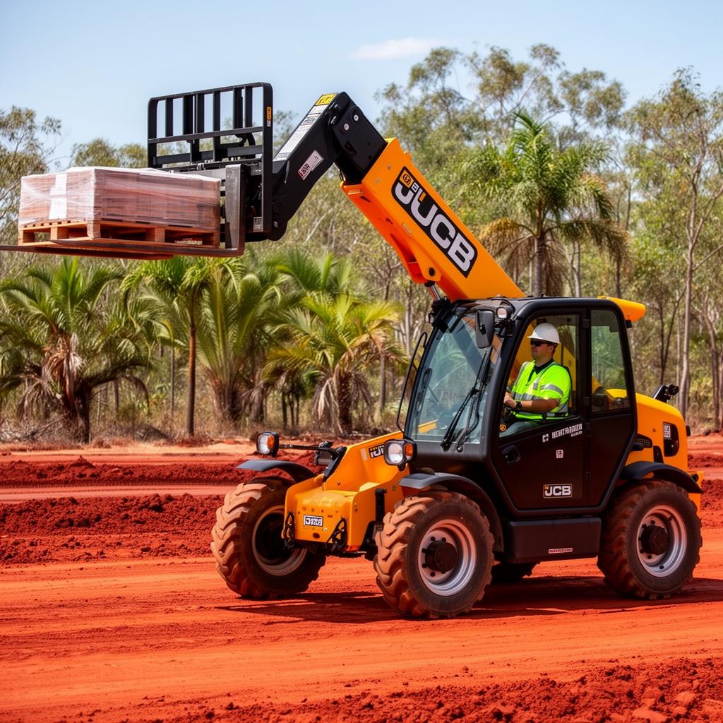JCB telehandler with pallet forks lifting a load on a Darwin civil site