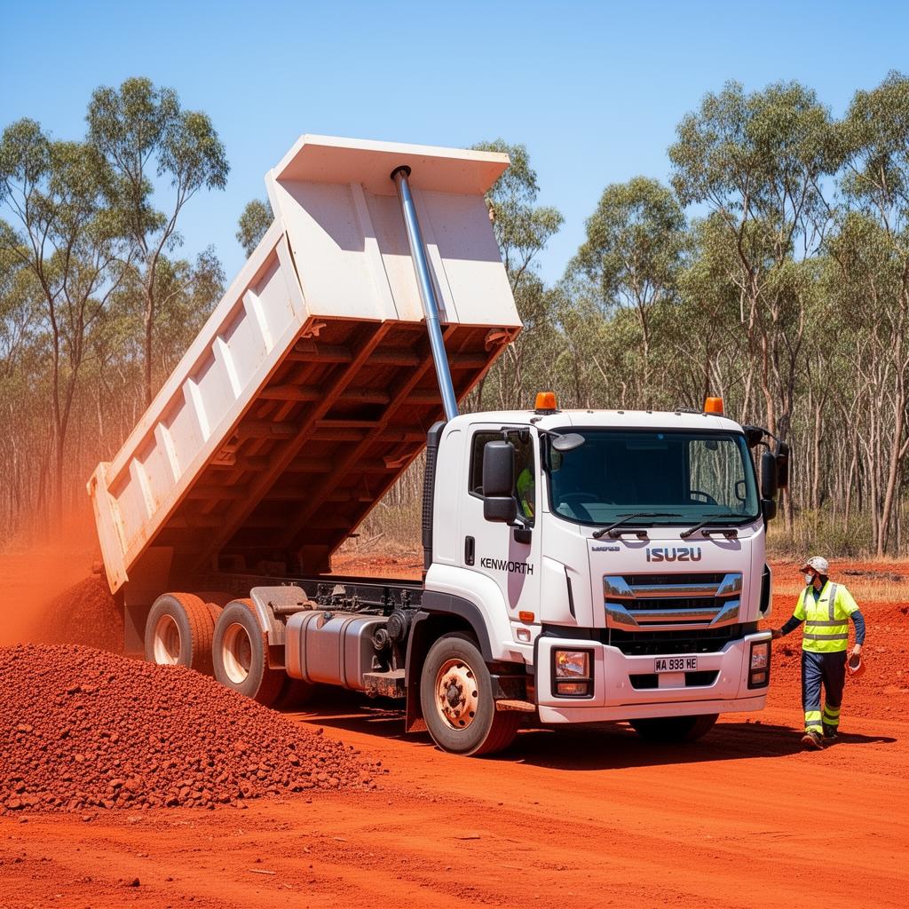 Tipper truck dumping red gravel on a Northern Territory civil site