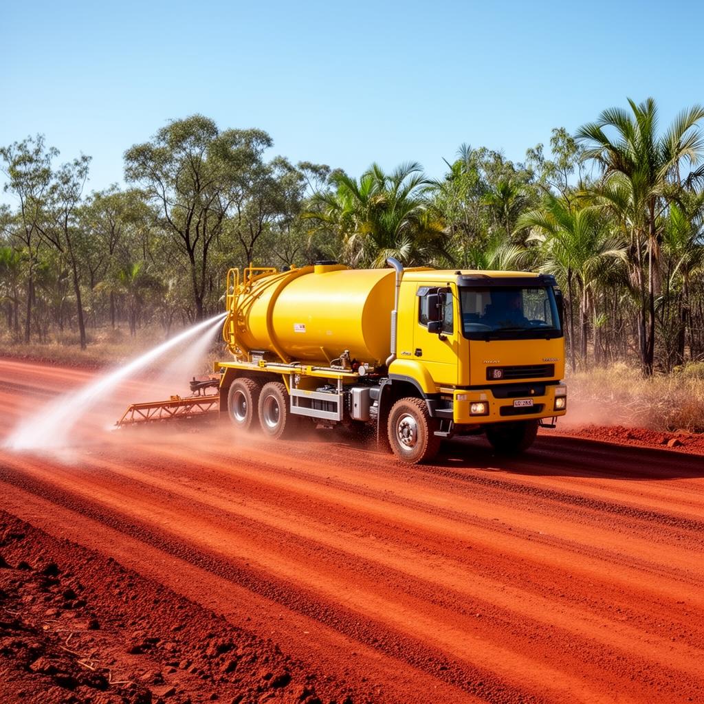 Yellow water cart spraying a red dirt haul road for dust suppression in the NT