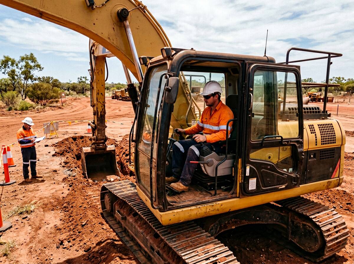 Galltan trainer in hi-vis assessing an excavator operator on a Darwin red dirt site for VOC verification